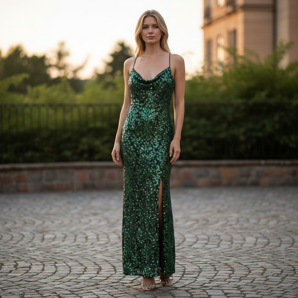 Windsor Sequin Gown Womens Emerald Green Lace Up Back Formal Maxi Dress